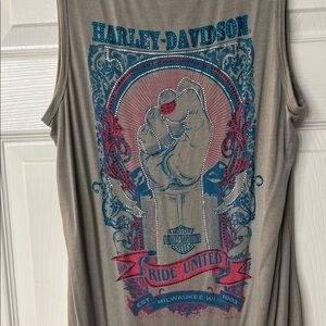 Harley-Davidson Gray Tank with Blue and Pink 'Ride United' Fist Graphic